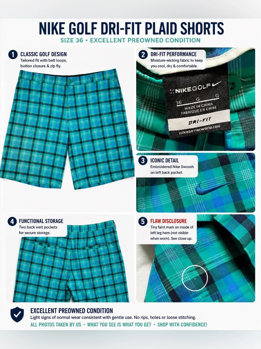Nike Dri-FIT Hybrid Plaid Golf Shorts Performance Teal Multi Color 36